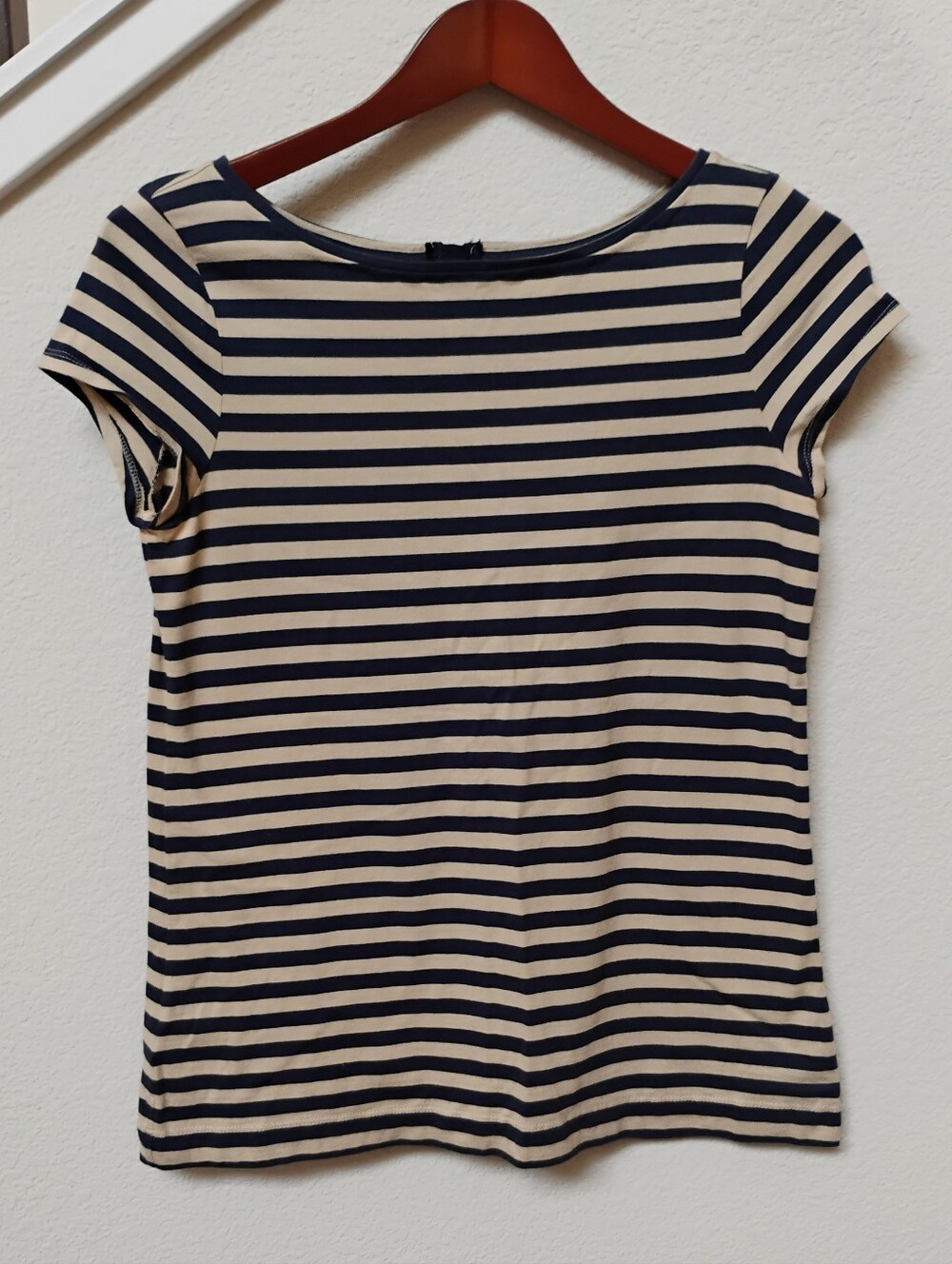 LOFT Ann Taylor Navy and Cream Striped Boatneck Tee Quarter Zip Back Closure